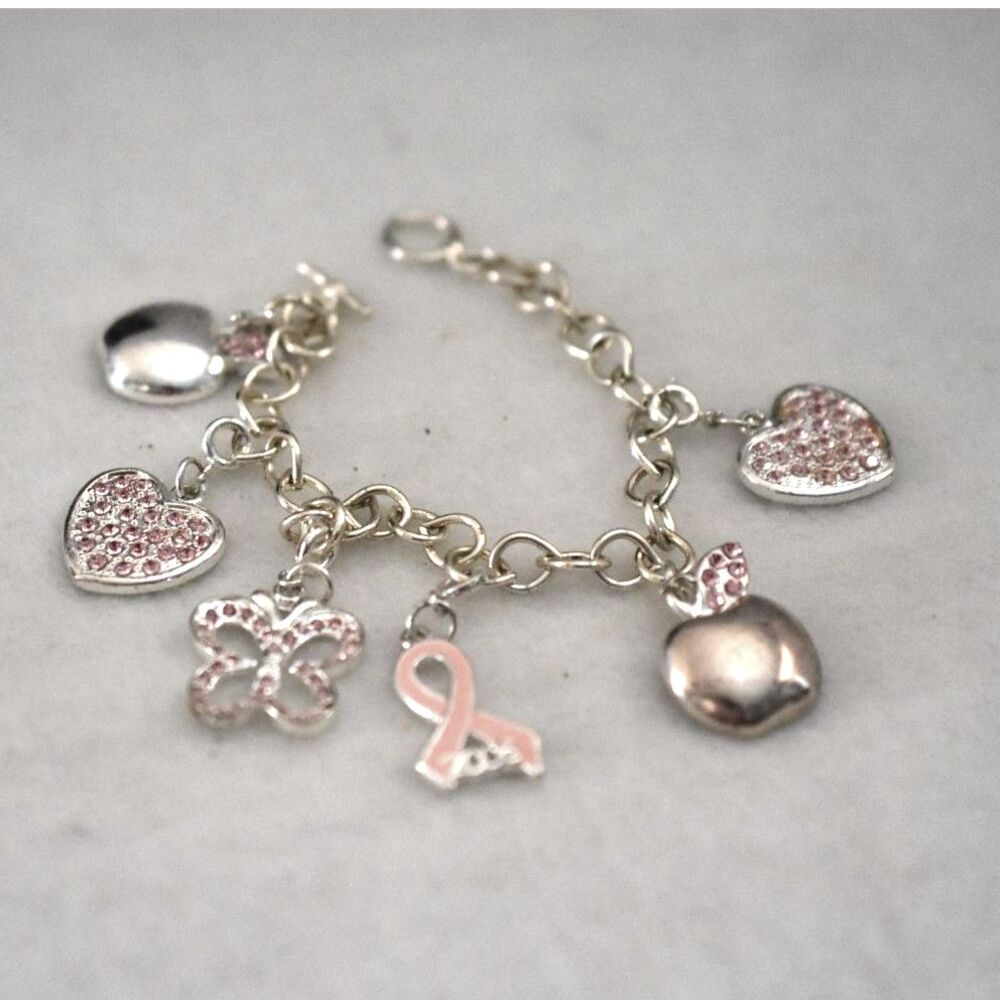 Cancer Awareness Silver Tone Link Chain Pink Rhinestone Accent Charm 7" Bracelet